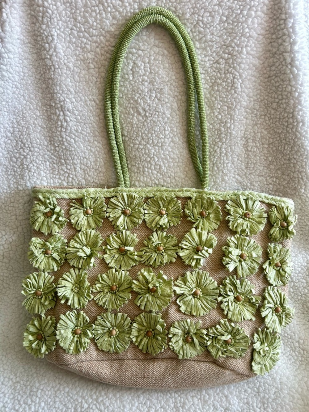 100% Cotton Canvas Beach Bag Raffia Flowers With Beaded Handles Green NEW